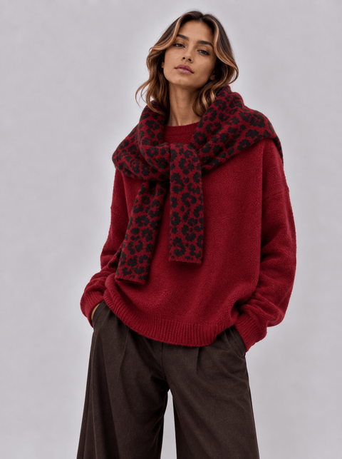 Pull Maille Douce avec Écharpe Léopard Intégrée AP191