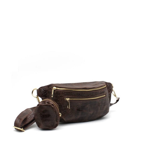 Sac banane en cuir véritable effet croco