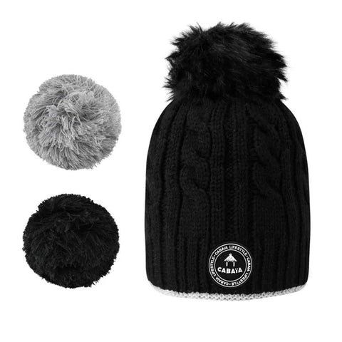 CABAIA - Bonnet + 3 Pompons - doublé polaire - Creamy Gin Noir sportium store