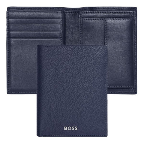 Porte-cartes Hugo Boss à rabat avec porte-monnaie bleu marine — détail cuir grainé