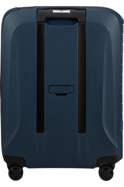 Valise cabine Samsonite Essens 55 cm bleu nuit — détail des roulettes et de la serrure TSA