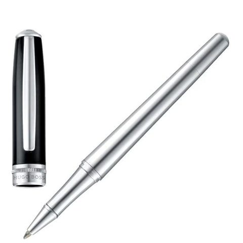 Stylo roller Hugo Boss Essential Classic Noir Chrome — vue de face packaging