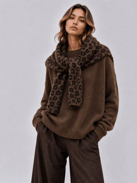 Pull Maille Douce avec Écharpe Léopard Intégrée AP191
